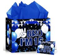 Blue Black 15th Birthday Gift Bag with Greeting Card Tissue Paper 11.8'' Bro I'm 15 Wrap Bag for Boys 15 Year Old Birthday Anniversary Party Decorations Goodie Wrapping Bag Presents Decor Supplies