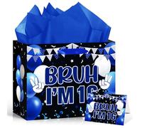 Blue Black 16th Birthday Gift Bag with Greeting Card Tissue Paper 11.8'' Bruh I'm 16 Wrap Bag for Boys 16 Year Old Birthday Anniversary Party Decorations Goodie Wrapping Bag Presents Decor Supplies