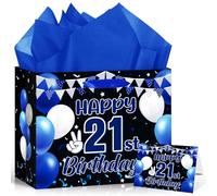 Blue Black 21st Birthday Gift Bag with Greeting Card Tissue Paper 11.8'' RIP FAKE ID 21 Wrap Bag for Men 21 Year Old Birthday Anniversary Party Decorations Goodie Wrapping Bag Presents Decor Supplies