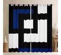 Blue Black and White Striped Blackout Curtains Geometry Square Abstract Window Curtains 52 x 63 Inch Modern Geometric Stripes Bold Lines Window Treatments Drapes for Bedroom Minimalist Plaids Decor