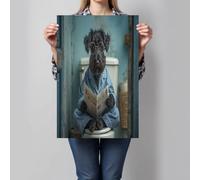 Blue-Black Canvas Wall Art, Humorous Expressionism Home Decor, Schnauzer Reading The Newspaper Wall Decor Painting Poster Artwork for Living Room Bedroom Hallway Office 16x12in, Unframed