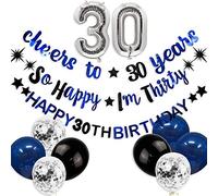 Blue Black Cheers to 30 Years So Happy I am Thirty Happy 30th Birthday Banner Garland Silver Foil Balloon 30 for Mens Womens 30th Birthday Hanging Thirty 30 Fabulous Party Decorations