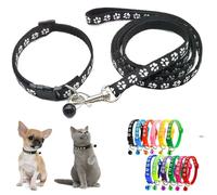 Blue Black Dog Collar with Bell Leash Set, Nylon Basic Reflective Small Dog Collar Boy Paw Print for XXS Xs S Dog Kitten Pet Animal Tiny