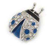 Blue/Black Enamel Crystal Ladybug Brooch In Rhodium Plating - 35mm L