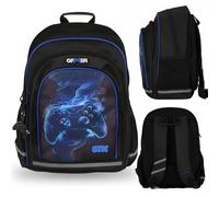 Blue-black padded school backpack for boy, with reflectors, gamepad 40x29x20cm