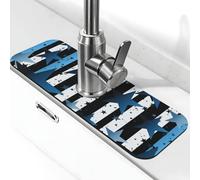 Blue Black White Stripes and Stars Faucet Mat for Kitchen Sink Splash Guard 14×38 CM Super Absorbent Diatomite Faucets Suction Pad Faucet Handle Drip Catcher Tray Dish Drying Mat Housewarming Gift