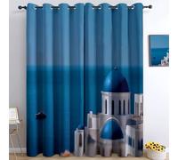 Blue Blackout Curtains 46” W x 54” L Thermal Insulated Curtains, Soft Photography Seascape Domed Church Opaque Eyelet Light Blocking Window Drapes for Bedroom and Living Room
