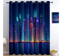 Blue Blackout Curtains 46 x 90 Inch, Modern Building Sky Neon Lights Thermal Insulated, Soundproof & Noise Reducing Drapes for Living Room, Bedroom and Kids Room - Eyelet Darkening Curtains, 2 Panels