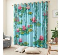 Blue Blackout Curtains Eyelet, 46 x 54 Inch 2 Panels Thermal Insulated Window Treatment, Weeping Willow And Lotus Printed Noise Reducing Curtains for Bedroom and Living Room