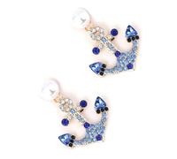 Blue Boat Anchor Pearl Earrings Set with Colorful Diamonds Retro Creative and Fashionable Women's Ear Jewelry