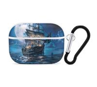 Blue Boat On Seascape And Moon in The Sky Earphone Case PC Bluetooth Earbud Cove Headphone Cases Compatible with Airpods Pro White-style
