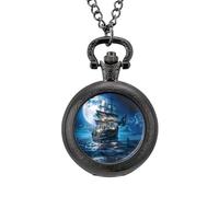 Blue Boat On Seascape and Moon in The Sky Pocket Watch Vintage Quartz Pocket Watches with Chain for Men Women Black-Style