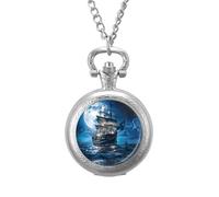 Blue Boat On Seascape and Moon in The Sky Pocket Watch Vintage Quartz Pocket Watches with Chain for Men Women Silver-Style