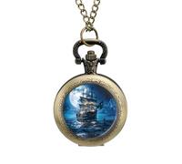 Blue Boat On Seascape and Moon in The Sky Pocket Watch Vintage Quartz Pocket Watches with Chain for Men Women Coppery-Style