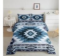Blue Boho Grid Comforter Set King Size 3 Pcs,Retro Ethnic Tribal Plaid Bedding Sets for Kids Teens Adults,Purple Retro Geometric Stripes Down Comforter with 2 Pillowcases