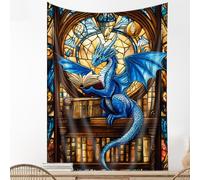 Blue Book Dragon Art Tapestry,Vintage Medieval Dragon Reading Books Wall Decor,Bookshelf Stained-glass Window Wall Hanging for Classroom Home Bedroom Living Room,40X60Inches