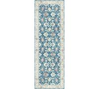 Blue Bordered Floral Rug For Bedroom, & Living Room, 7mm Thick Stain-Resistant Traditional Rug - 60Cm X 180Cm (Runner)