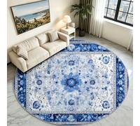 Blue Botanical Flower Round Rug 160 cm, Eastern Washable Room Carpet | Traditional Floral Pattern Circle Mat, Non-Skid Base, Hard-Wearing Low Profile Rug for Dining Area, Sofa & Bedside