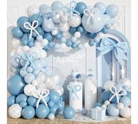 Blue Bow Balloon Arch Garland Kit, 120 PCS Pastel Blue Matte White Latex Balloons with Bow Printed Transparent Party Balloons for Wedding Bridal Baby Shower Bachelorette Themed Party Decorations