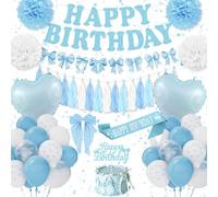 Blue Bow Birthday Decorations, Bow Party Decorations Set Happy Birthday Banner, Blue White Balloons, Heart Foil Balloons, Hair Clips Pompoms Sash, Girls Women Princess Baby Shower Coquette Party Deco