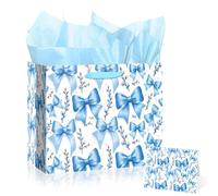 Blue Bow Birthday Gift Bag Blue Bow Wrapping Paper with Tissue Paper Greeting Card Large Light Blue Gift Wrap Bag with Ribbon Handle Party Bridal Shower Favor Wrap for Wedding Mother's Day Women Girls