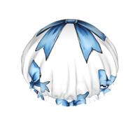 Blue Bow Carton Waterproof Reusable Shower Cap For Women - Elastic Hair Cover For Bath, Spa, Travel & Daily Use