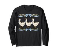 Blue Bow Goose Trio Watercolor Winter Garland Graphic Long Sleeve T-Shirt