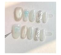 Blue Bow Icy Transparent Glass Beads Handmade Press On Nails Clear Cat Eyes Short Oval Fake Nail For Girls(M)