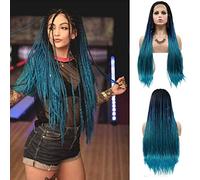 Blue Braided Wigs for Black Women Long Straight Box Braids Wig Black Ombre Blue Micro Braid Wig Realistic Hairline Glueless Knotless Braided Coloured Wigs Synthetic Heat Resistant Hair Cosplay 26Inch