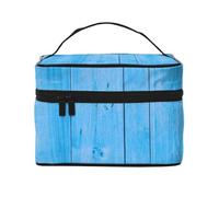 Blue Bright Wood Grain Print Makeup Bag Toiletry Bags, Cute Cosmetic Bags for Women, Large Travel Make Up Organizer Bag