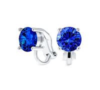 Blue Brilliant Cut Solitaire Round Cubic Zirconia CZ Clip On Stud Earrings Simulated Sapphire Silver Plated Brass