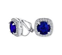 Blue Brilliant Cut Solitaire Round Cubic Zirconia CZ Square Halo Clip On Stud Earrings Simulated Sapphire Silver Plated Brass