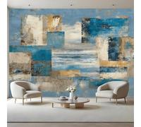 Blue Brown Abstract Peel and Stick Wall Mural Geometric Print Canvas Removable Wallpaper,Self-Adhesive Premium Fabric Textured Wall Stickers Decor for Lounge Bedroom 250x175 cm