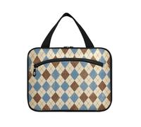 Blue Brown Diamonds Plaid Hanging Make up Bag Organizer with Hook, Designer Necessities Makeup case for Womens Bathroom bolso para maquillaje de Mujer