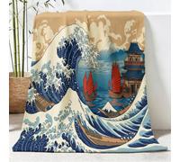 Blue Brown Soft Cozy Throw Blanket Suitable for All Seasons, Waves Ship Architecture Breathable Fluffy Blankets, Japanese Vintage Machine Wash Durable Flannel Blanket for Bed Sofa Couch, 150 x 200 cm