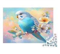 Blue Budgie & Flowers 1000 Pieces Jigsaw Puzzles Pastel Parakeet Sturdy Cardboard for People Who Love Quiet Time Relaxation at Home 38x26cm/1000pcs