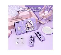 (Blue, Bundle 3) 1 Pcs Ghost Anime Girl Protective Case Bundle with 4pcs Grip Caps For Nintendo Switch OLED