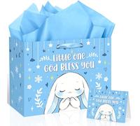 Blue Bunny Baptism Gift Bag for Baby Boys, God Bless You Religious Gift Bag with Greeting Card and Tissue Paper Christening First Holy Communion Party Supplies Boy Baptism Wrapping Paper Bag 11.8"