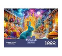 Blue Bunny in Colorful Market Under Starry Sky 1000-Piece Jigsaw Puzzle Cute Rabbit Challenging & Educational for All Ages 70x50cm/1000pcs
