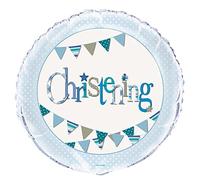 Blue Bunting Christening Round Foil Balloon (45cm) 1 Piece - Beautiful Baby Boy's Celebration Decoration