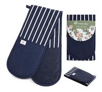Blue Butcher Stripe Double Oven Gloves Heat Resistant Silicone Oven Mitts Pair | Non-Slip Silicone Oven Gloves Double Oven Mitt | Machine Washable Thick Potholders Home & Kitchen Accessories.