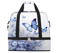 Blue Butterflies Floral Pattern Foldable Travel Duffel Bag Large Capacity Sports Gym Bag with Wet Dry Compartment Shoe Pocket Lightweight Carry On Overnight Weekender Bag for Women Men