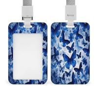 Blue Butterflies ID Badge Holder Waterproof Card Protector Push-Pull Slot Work ID Card Holder with Lanyard Personalized Detachable Card Holders for Office Corporate Use