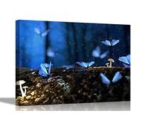 Blue Butterflies in Forest Canvas Pictures Framed Prints Wall Art Home Office Work Posters Artwork Animal Images 60 x 40cm (24 x 16 inches)