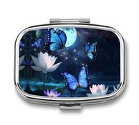 Blue Butterflies Moon Cute Travel Pill Organizer Portable Small Square Medicine Case Box for Pocket Purse