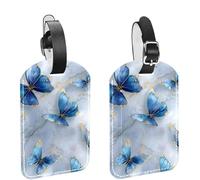 Blue Butterflies on Marble Texture Luggage Tags for Suitcase, 2 Pack Leather Baggage Identifier with Privacy Flap and Name ID Label for Women Men Travel
