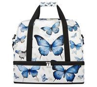 Blue Butterflies Pattern Foldable Travel Duffel Bag Large Capacity Sports Gym Bag with Wet Dry Compartment Shoe Pocket Lightweight Carry On Overnight Weekender Bag for Women Men
