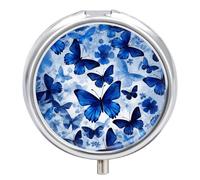 Blue Butterflies Pill Box Small Round Pill Case Portable Travel Pill Container Multi-Functional Moisture Proof Metal Medicine Pill Organizer Box for Vitamins Fish Oil