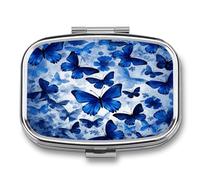 Blue Butterflies Pill Organizer with 2 Compartments Metal Square Pill Case Small Pill Box Portable Medicine Box Slim Travel Pill Container Medicine Organizer for Daily Use