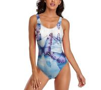 Blue Butterflies Print Women's One Piece Swimsuit Tummy Control Bathing Suit for Beach Pool Vacation
